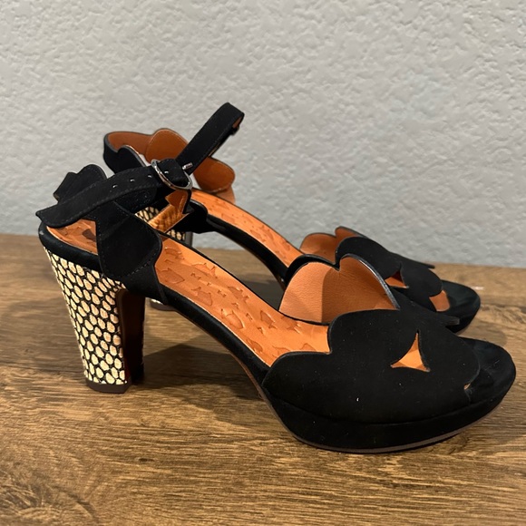 Chie Mihara Shoes - Chie Mihara Black Suede Scalloped Block Heel Sandals with Patterned Heel